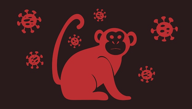 Illustration Vectorielle De L'icône De Singe Avec Cellule Virale Isolée Sur Le Nouveau Virus Mpx De Monkeypox 2022 Sombre