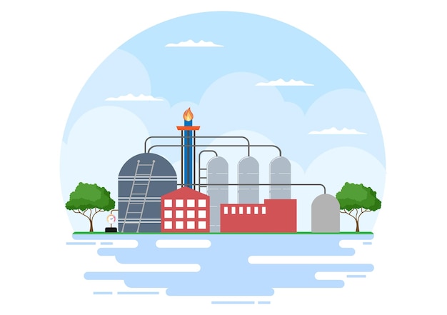 Illustration vectorielle de l'industrie pétrolière et gazière. Extraction de brut, raffinerie, forage, station-service, conduites d'utilisation de réservoirs et livraison de carburant par camion Transport