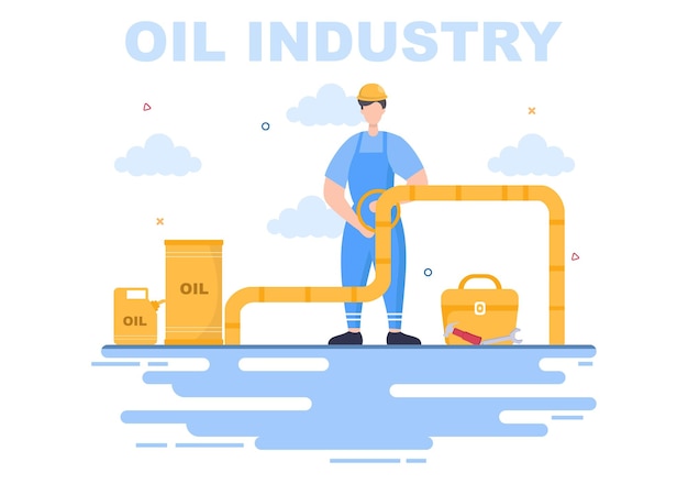 Illustration Vectorielle De L'industrie Pétrolière Et Gazière. Extraction De Brut, Raffinerie, Forage, Station-service, Conduites D'utilisation De Réservoirs Et Livraison De Carburant Par Camion Transport