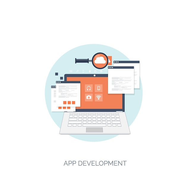Illustration vectorielle informatique plate background programmation codage développement web et recherche SEO
