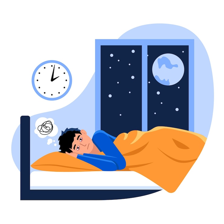 Vecteur illustration vectorielle de l'insomnie dépression scène de dessin animé avec un type qui ne peut pas dormir la nuit sur fond blanc