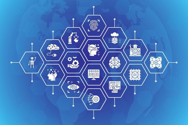Vecteur illustration vectorielle de l'intelligence artificielle robotique chatbot icônes de ligne big data
