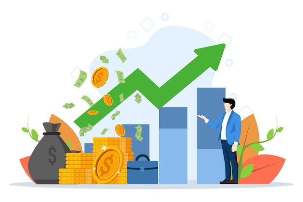 illustration vectorielle Investissement monétaire croissant avec un homme d'affaires debout avec de l'argent et graphique