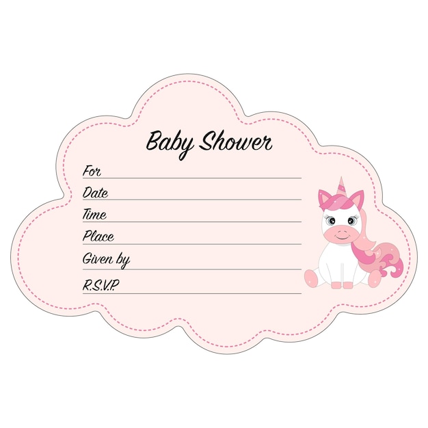 Illustration Vectorielle D'une Invitation à Une Douche De Bébé Sous La Forme D'un Nuage Avec Une Licorne