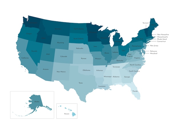 Vecteur illustration vectorielle isolé de la carte administrative simplifiée des états-unis d'amérique (états-unis d'amérique). frontières et noms des états. silhouettes kaki bleues colorées