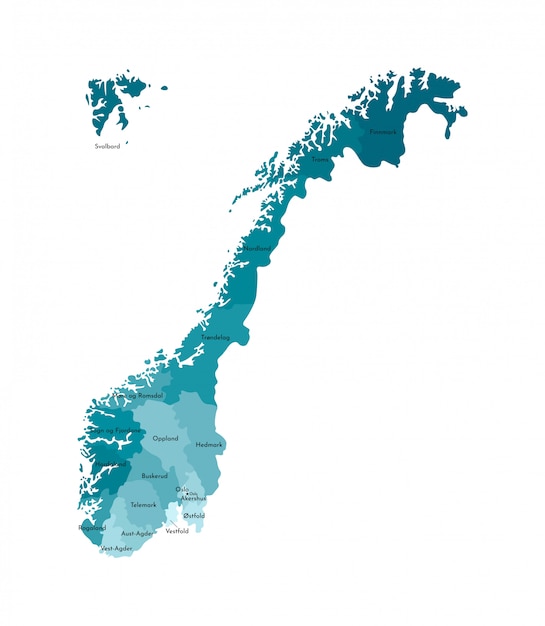 Vecteur illustration vectorielle isolé avec une carte simplifiée de la norvège, des silhouettes bleues des régions. noms des comtés.