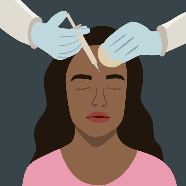 Vecteur illustration vectorielle isolée d'une femme à la peau foncée recevant des injections de rajeunissement.