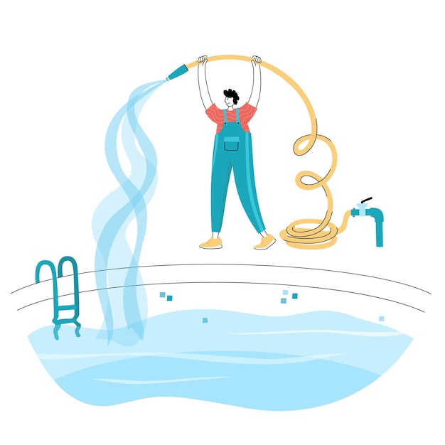 Illustration Vectorielle Isolée De L'homme Remplissant La Piscine Avec De L'eau Qui Coule Du Tuyau.