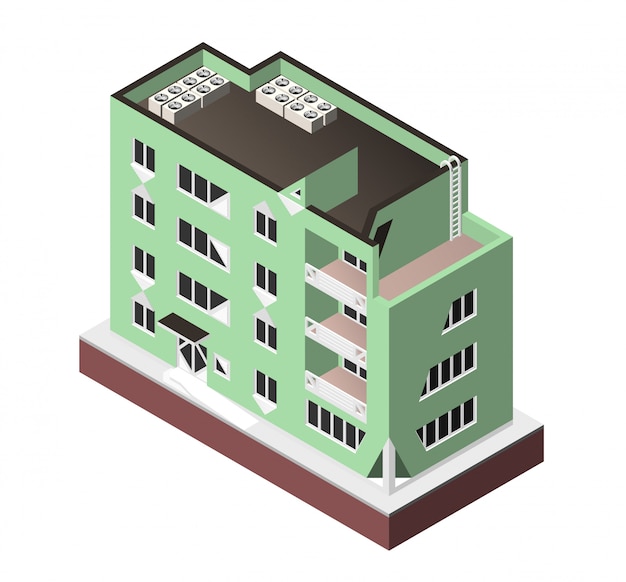 Illustration Vectorielle Isolée Maison Moderne. Habitation Urbaine Bâtiment Avec Fenêtres Et Climatisation