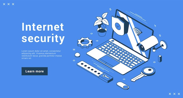 Illustration vectorielle isométrique de bannière de page de destination de service de protection des informations de données personnelles de sécurité Internet. Accéder au réseau de confidentialité d'authentification en ligne sécurisé avec un ordinateur portable de webcam de cadenas de bouclier