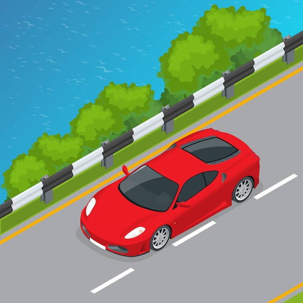 Illustration vectorielle isométrique de voiture. Image convertible 3d à plat. Transport pour les voyages d'été. Véhicule de voiture de sport.