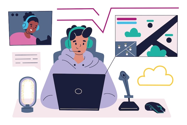 Illustration vectorielle de jeu joueur portant un casque avec microphone travaillant sur un ordinateur portable jouant en ligne