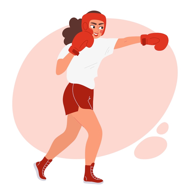 Vecteur illustration vectorielle d'une jeune boxeuse en gants rouges et en coiffure jetant une punch girl