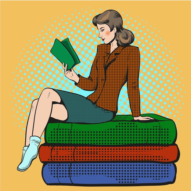 Illustration Vectorielle D'une Jeune Femme Assise Sur Une Pile De Livres Belle Enseignante Femme D'affaires Lisant Un Livre Dans Le Style De Bande Dessinée Pop Rétro