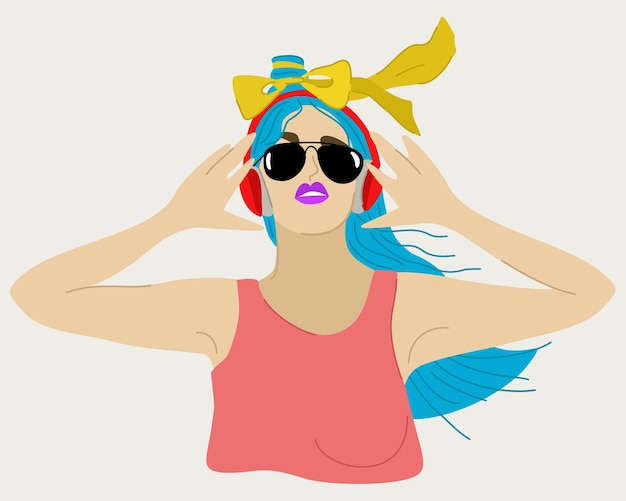 Illustration vectorielle de jeune femme en lunettes de soleil avec un casque. Isolé sur fond clair.