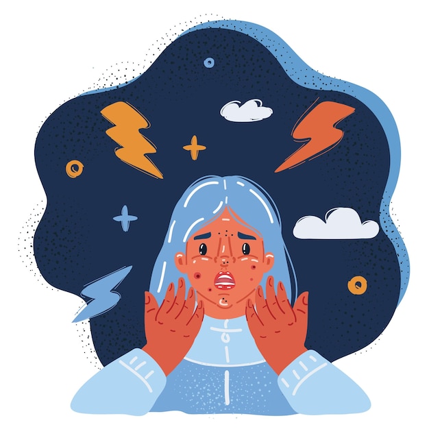 Illustration vectorielle d'une jeune femme regardant dans le miroir et s'inquiétant de son acné sur le visage Problème de boutons sur la peau sur un fond sombre