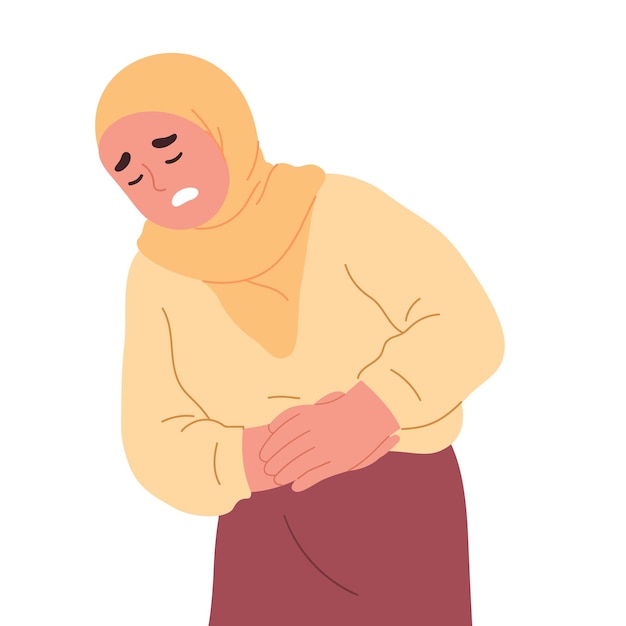 Vecteur illustration vectorielle de jeune femme tenant la douleur tout en tenant l'estomac