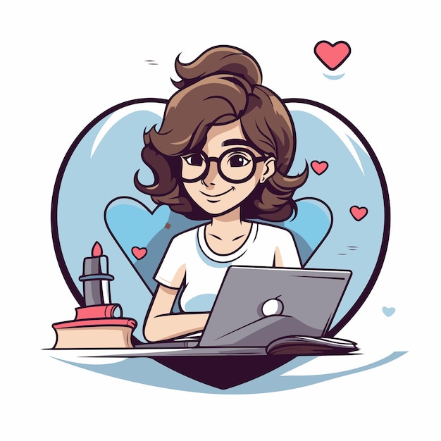 Illustration vectorielle d'une jeune fille avec des lunettes travaillant sur un ordinateur portable