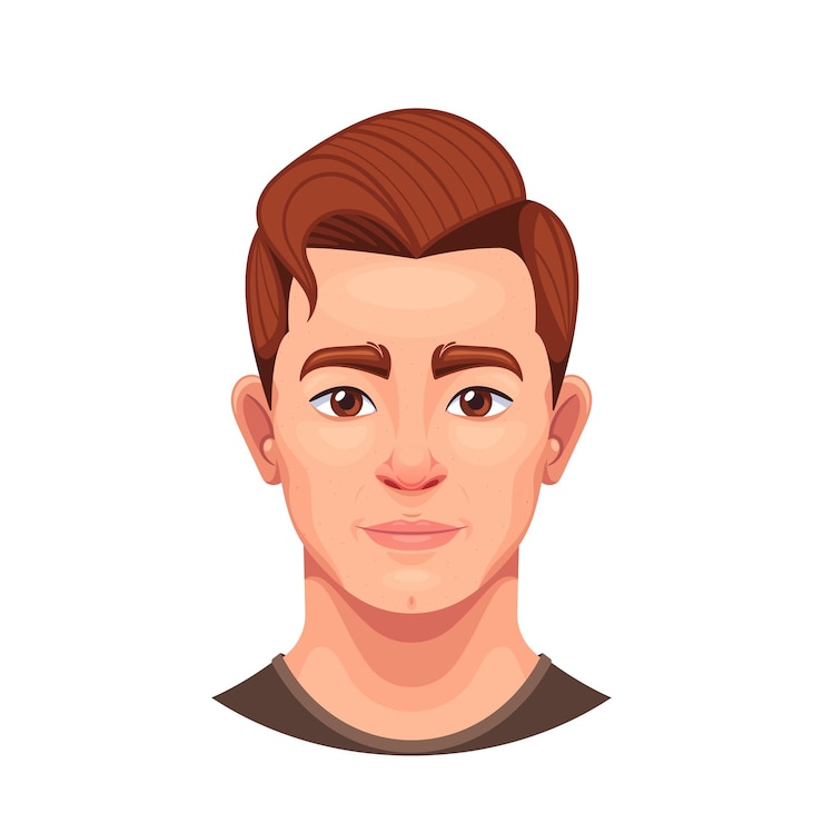 Vecteur illustration vectorielle d'un jeune homme au visage avec des cheveux courts bruns personnage masculin de dessin animé