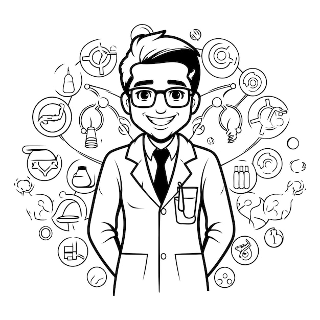 Vecteur illustration vectorielle d'un jeune homme dans un manteau médical et des lunettes