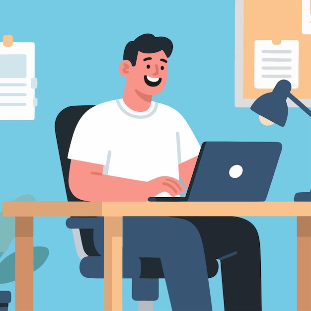 Illustration vectorielle d'un jeune homme heureux au travail avec un fond plat simple et minimaliste