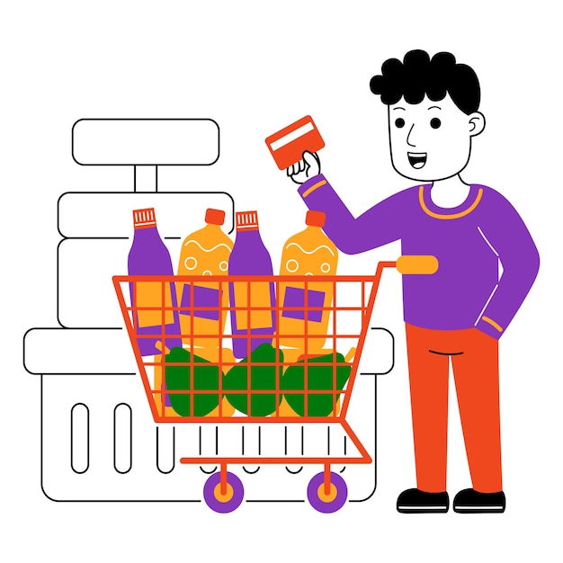 Illustration Vectorielle D'un Jeune Homme Qui Fait Du Shopping