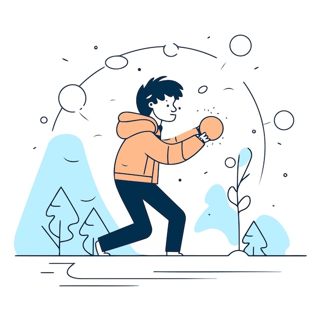 Illustration Vectorielle D'un Jeune Homme En Vêtements De Sport Jouant à La Boxe Dans La Forêt D'hiver