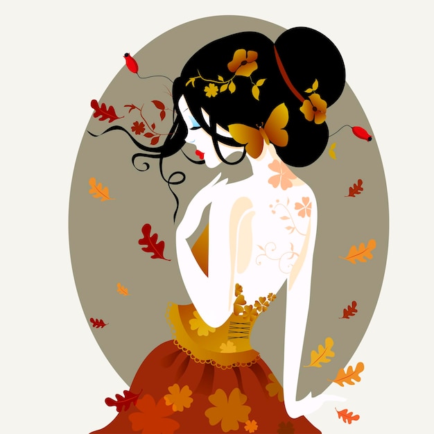 Vecteur illustration vectorielle d'une jolie femme en robe d'automne