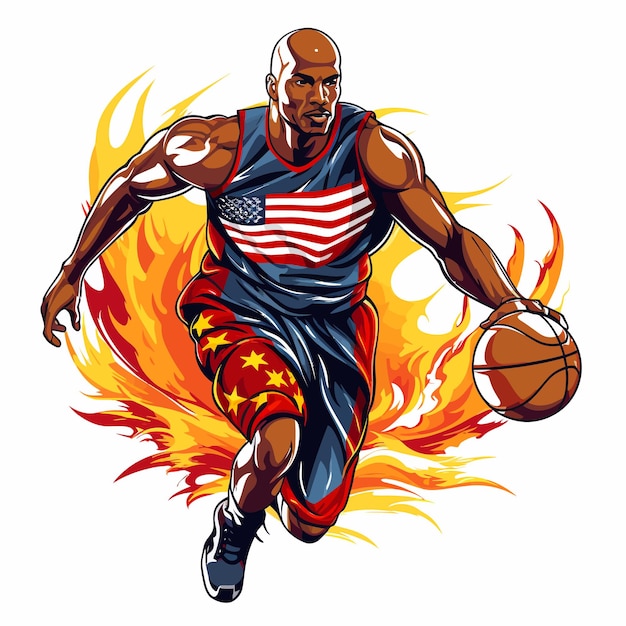 Vecteur illustration vectorielle d'un joueur de basket-ball avec des flammes