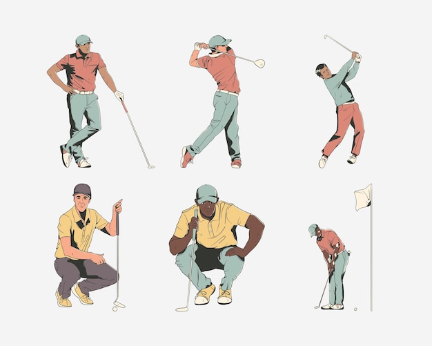 Illustration Vectorielle De Joueur De Golf Ensemble D'icônes De Joueur De Golf