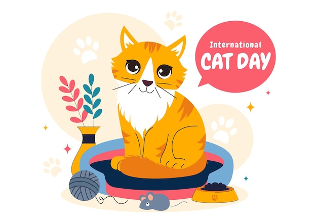 Illustration vectorielle de la Journée internationale des chats le 8 août mettant en vedette une célébration de l'amour et de la compagnie des animaux des chats sur un fond de dessin animé plat