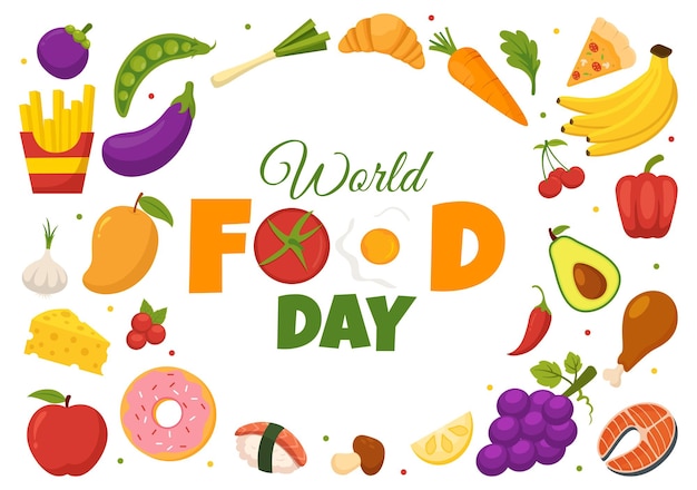 Illustration vectorielle de la Journée mondiale de l'alimentation le 16 octobre avec divers aliments ou fruits et légumes
