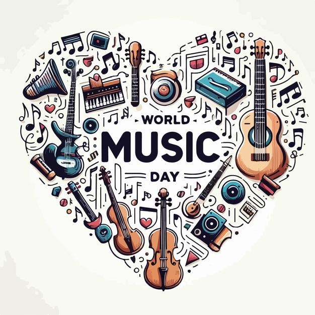 Illustration vectorielle de la journée mondiale de la musique à l'arrière-plan avec des instruments de musique concept isolé