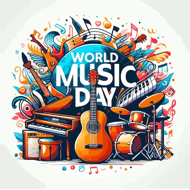 Illustration vectorielle de la journée mondiale de la musique à l'arrière-plan avec des instruments de musique concept isolé