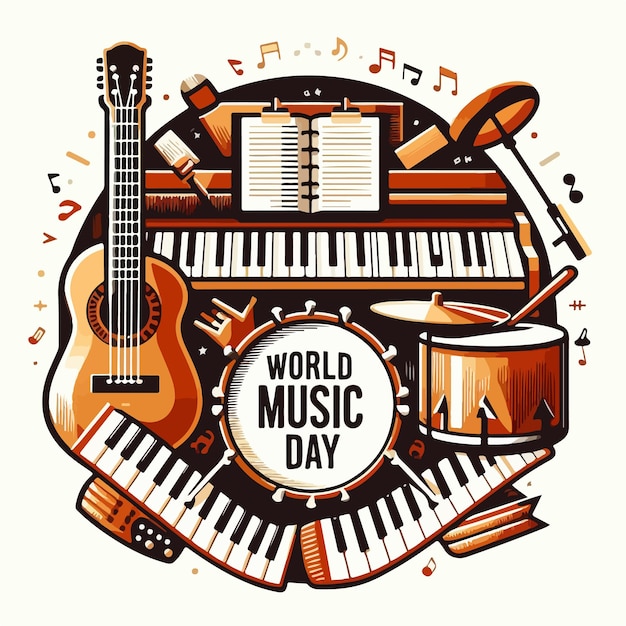 Illustration vectorielle de la journée mondiale de la musique à l'arrière-plan avec des instruments de musique concept isolé