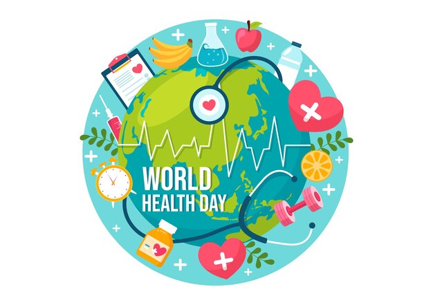 Illustration vectorielle de la Journée mondiale de la santé avec la Terre et les équipements médicaux pour l'importance de la santé
