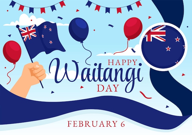 Illustration vectorielle de la joyeuse journée de Waitangi le 6 février avec le drapeau et la carte de la Nouvelle-Zélande dans le design de fond de dessin animé plat de la fête nationale