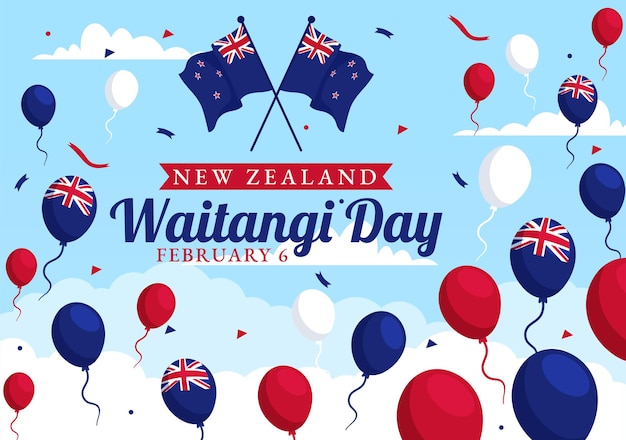 Illustration vectorielle de la joyeuse journée de Waitangi le 6 février avec le drapeau et la carte de la Nouvelle-Zélande dans le design de fond de dessin animé plat de la fête nationale