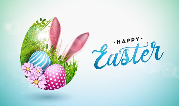 Illustration Vectorielle De Joyeuses Fêtes De Pâques Avec Oreille De Lapin Oeuf Peint Et Fleur De Printemps