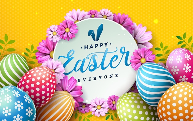 Illustration vectorielle Joyeuses Pâques avec oeuf peint coloré et fleur de printemps sur fond jaune