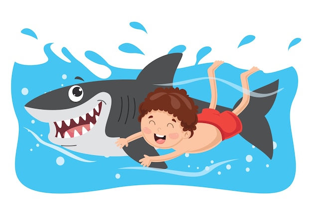 Illustration Vectorielle De Kid Nageant Avec Le Requin