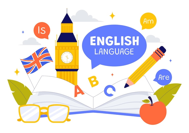 Vecteur illustration vectorielle de la langue anglaise mettant en vedette des étudiants étudiant des langues étrangères communication mondiale et leçons de grammaire élémentaire arrière-plan