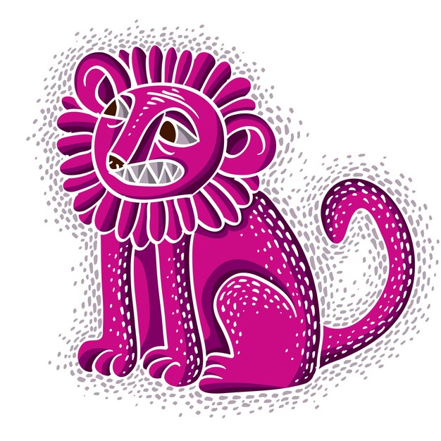 Illustration Vectorielle D'un Lion Assis Violet Avec Des Dents Et Une Belle Crinière, Expression émotionnelle D'un Animal Sauvage. Symbole De La Mascotte, Conception Graphique.