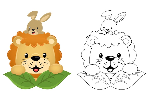 Illustration Vectorielle De Lion Drôle De Dessin Animé Avec Lapin Sur Les Feuilles Livre De Coloriage Ou Page Pour Les Enfants