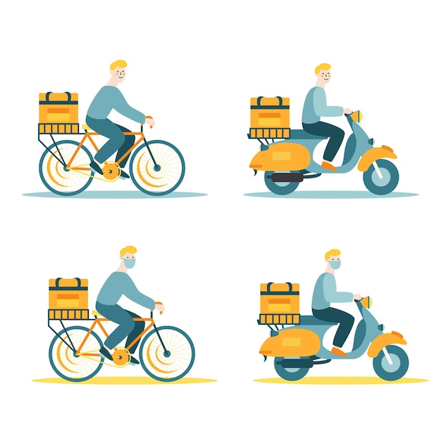 Illustration Vectorielle De Livreurs à Vélo Et Moto. Illustration Plate Isolée Sur Fond Blanc.