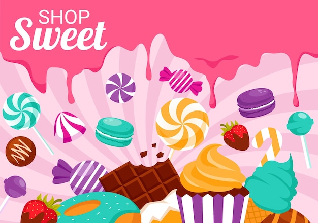 Illustration Vectorielle D'un Magasin De Bonbons Avec La Vente De Divers Produits De Boulangerie