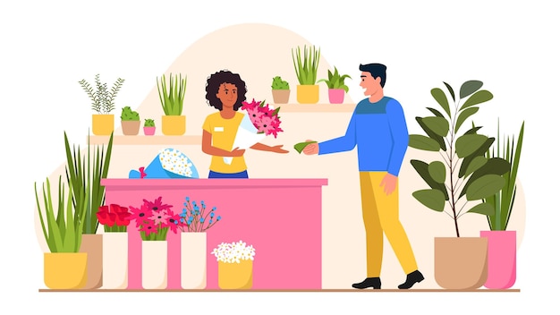 Illustration Vectorielle D'un Magasin De Fleurs Avec Des Fleurs Et Des Plantes En Pots Scène De Dessin Animé Avec Un Gars Qui Achète Un Beau Bouquet De Fleurs Pour Sa Bien-aimée Dans Un Magasin De Fleurs Isolé Sur Fond Blanc