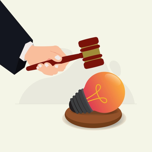 Illustration vectorielle de la main du juge avec le marteau et l'ampoule