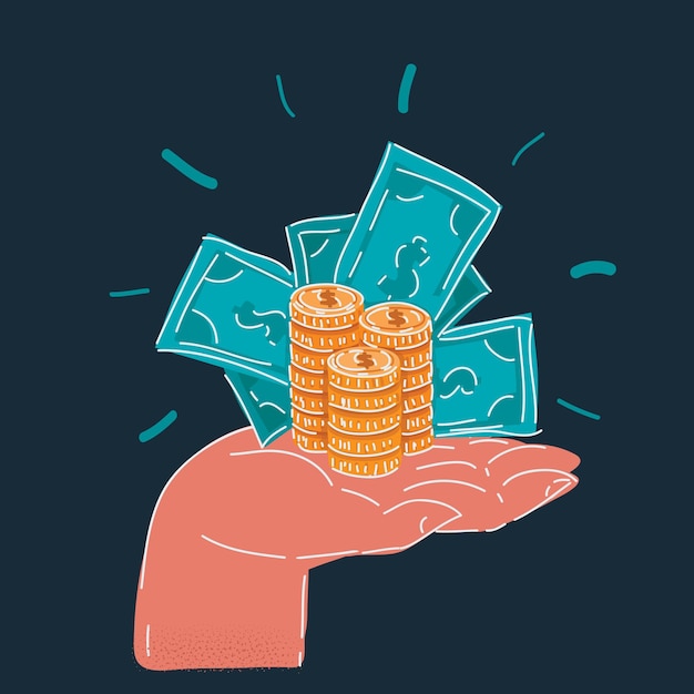 Illustration vectorielle de la main tenant des billets de banque et des pièces sur un fond sombre