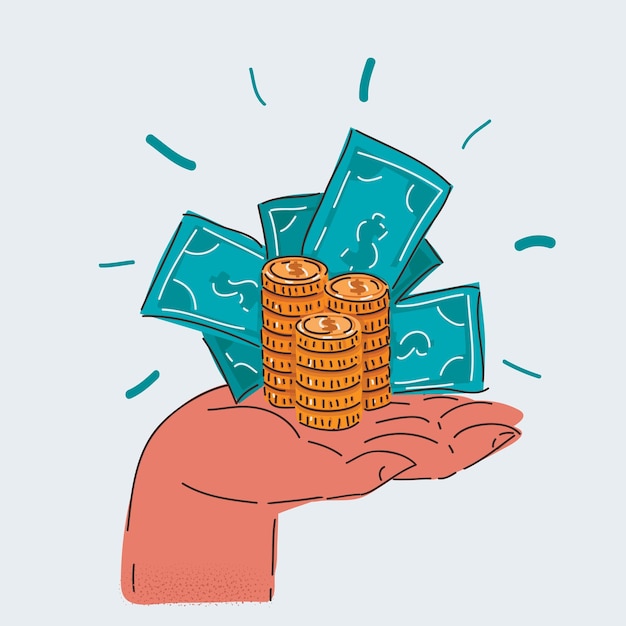 Illustration vectorielle de la main tenant des billets de banque et une pile de pièces sur fond blanc